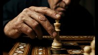 Elderly man's weathered hands moving wooden chess king piece on ornate board during strategic game play in warm atmospheric lighting.