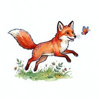 Playful red fox with fluffy tail chasing butterfly over grass and wildflowers, isolated on white background for children's designs, nursery decor, and apparel.