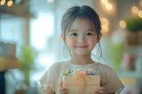 Young Asian girl with dark hair and bangs, wearing a light beige shirt, holding a wrapped gift box with peach ribbon in bright indoor setting with bokeh lights.
