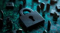 Black padlock on circuit board with dramatic teal lighting, representing digital security, data protection and cybersecurity concepts in modern technology.