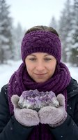 Young Caucasian woman in purple knit headband and scarf holding snow in mittens during winter snowfall outdoors with evergreen trees in background.