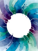 Abstract watercolor splash frame with white circle center in blue green purple tones for text overlay and creative design projects.