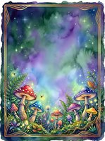 Enchanted forest scene with glowing mushrooms, magical lights, and vibrant aurora sky in purple, green, and blue tones. Fantasy woodland illustration for children's books, wall art, and creative projects.