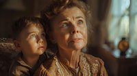 Emotional portrait of senior woman and young boy looking up with wonder, illuminated by warm golden light in cozy home interior setting.