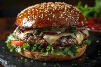 Juicy gourmet beef burger with melted cheese, fresh vegetables, and sesame seed bun photographed in dark moody setting. Perfect for restaurant menu, food advertising or culinary blog.