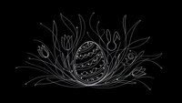 Elegant line art Easter egg nestled in decorative grass and tulip flowers on black background for spring holiday designs and greeting cards.