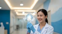 Young Asian female scientist in lab coat holding glowing digital brain hologram in modern medical facility for healthcare technology and neuroscience research.
