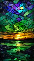 Stained glass landscape depicting moonlit mountain scene with vibrant emerald hills, sapphire sky, and golden sunset reflecting in water, creating mystical atmosphere.