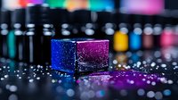 Glittering blue and purple cube on dark surface with scattered sparkles and colorful bokeh lights in background, macro photography for creative design.