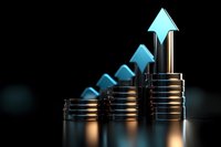 Stacks of gold coins forming ascending steps with glowing blue arrows pointing upward, symbolizing financial growth and investment success on dark background.