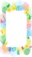 Easter watercolor frame with decorated eggs, spring flowers, rabbits and chicks on white background for greeting cards, invitations and seasonal designs.