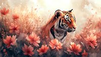 Majestic tiger portrait among coral-colored cosmos flowers in dreamy garden setting, artistic nature composition with soft atmospheric lighting and delicate floral elements.