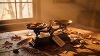 Vintage brass balance scale with autumn leaves and warm sunlight streaming through window creating nostalgic atmosphere for seasonal decorating concepts.