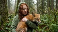 Young woman with curly red hair in green hoodie gently holding red fox in misty forest surrounded by ferns and moss-covered trees creating magical woodland scene.