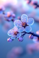Delicate cherry blossoms with water drops in soft blue and pink tones, macro photography showing crystalline texture on petals against blurred background.