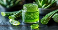 Fresh aloe vera gel in glass jar with cut pieces of natural plant on dark background, drops of water on surface, healthy skincare ingredient.