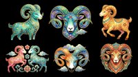 Ornate ram and goat heads with decorative horns in turquoise, gold, and jewel tones. Isolated on transparent background, ready for t-shirt design, clipart, stickers, sublimation, and print-on-demand products.