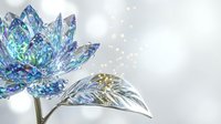 Crystal lotus flower with iridescent blue petals and golden leaf on white background with sparkling bokeh lights for meditation and wellness designs.