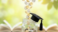Education savings fund with graduation cap and falling coins into glass jar representing student loan planning and academic investment goals.