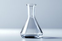 Empty glass laboratory flask on light background with soft shadows and reflections, clean minimalist scientific glassware for chemistry experiments.
