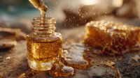 Golden honey dripping into glass jar with honeycomb pieces on rustic wooden surface, illuminated by warm sunlight creating magical atmosphere.
