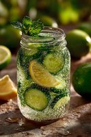 Refreshing cucumber lemon mint detox water in mason jar with sparkling bubbles, surrounded by fresh ingredients on rustic wooden surface.