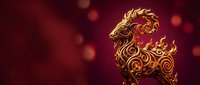 Golden ornate dragon silhouette with intricate swirl patterns on red bokeh background for luxury design projects and festive decorations.
