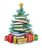 Creative Christmas tree made from stacked books decorated with pine branches, golden star on top and colorful wrapped gift boxes underneath on white background.