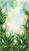 Watercolor tropical frame with peace lily flowers and lush green foliage on soft pastel background for spring design projects and botanical artwork.