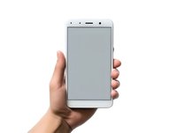 Female hand holding white smartphone with blank screen isolated on white background, mockup for app or web design presentation.