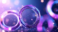 Glowing neon rings with sparkles and bokeh effects on purple and blue gradient background create magical atmosphere for festive designs and celebrations.