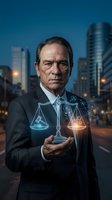 Senior Caucasian businessman holding glowing digital scales of justice with legal icons against urban cityscape at dusk for corporate law and legal services.