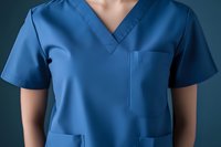 Medical professional wearing blue scrubs uniform with v-neck design and multiple pockets, close-up view showing healthcare workwear details.