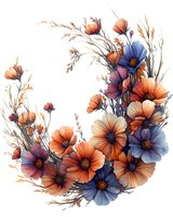 Delicate floral wreath with orange and blue cosmos flowers, dried grass stems on white background. Watercolor botanical arrangement in autumn colors.