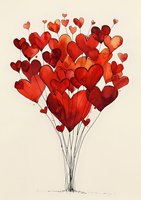 Red watercolor heart balloons bouquet on beige background, romantic Valentine's Day illustration with delicate black ink lines. Suitable for greeting cards and love-themed designs.