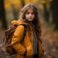 Young girl with long wavy brown hair wearing yellow autumn jacket and brown backpack standing in fall forest with blurred golden bokeh background.