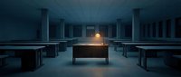 Lone desk with glowing lamp in empty office space at night, symbolizing solitude, dedication, and late-night work productivity in corporate environment.