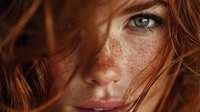 Close-up portrait of young Caucasian woman with freckles and green eyes, red hair flowing across face in warm golden light for beauty and skincare concepts.
