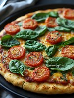 Freshly baked pizza with melted cheese, roasted tomato slices, and fresh basil leaves on a dark skillet, ready for serving and dining occasions.