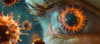 Orange glowing virus particles floating near human eye with long eyelashes against turquoise background, medical science concept for viral infections.