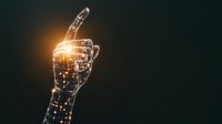Glowing digital wireframe hand pointing upward with illuminated particles and light effects against dark background, representing artificial intelligence and technology.