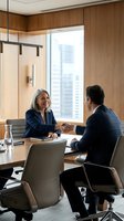Professional business meeting with mature Caucasian businesswoman and businessman shaking hands across conference table in modern office with city view.