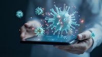 Digital representation of virus particles emerging from smartphone screen held by hands, illustrating concept of digital health monitoring or virus information.