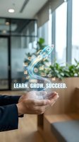 Businessman holding glowing rocket with business icons and learn grow succeed text in modern office with windows and plants for startup growth and success concepts.