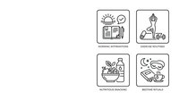 Morning affirmations exercise routines nutritious snacking bedtime rituals healthy lifestyle habits icons set isolated on white background for wellness design.