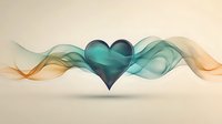 Turquoise heart shape with flowing abstract smoke waves in teal and orange colors on light background, romantic design element for valentines and love themes.