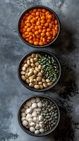 Assorted vitamin and supplement pills in black ceramic bowls on dark background. Natural dietary supplements in orange, white and green colors arranged in modern composition.