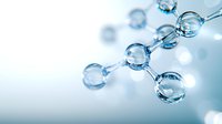 Transparent glass molecular structure with water droplets on light blue background, scientific concept showing chemical bonds and atoms.