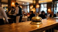 Golden service bell on wooden hotel reception desk with blurred lobby background. Hospitality industry concept for customer service and guest assistance.