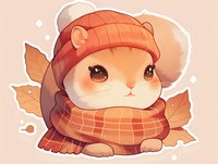 Adorable hamster wearing orange knit beanie and plaid scarf surrounded by autumn leaves on soft peach background, cozy fall season illustration for greeting cards.